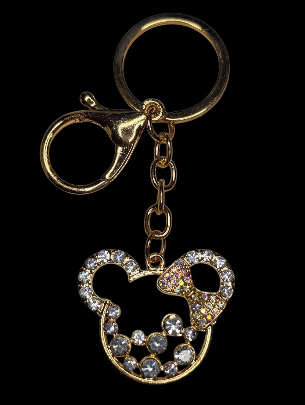Disney Style Fashion Gold Tone Minnie Mouse Keychain / Bag Charm Crystal Accents